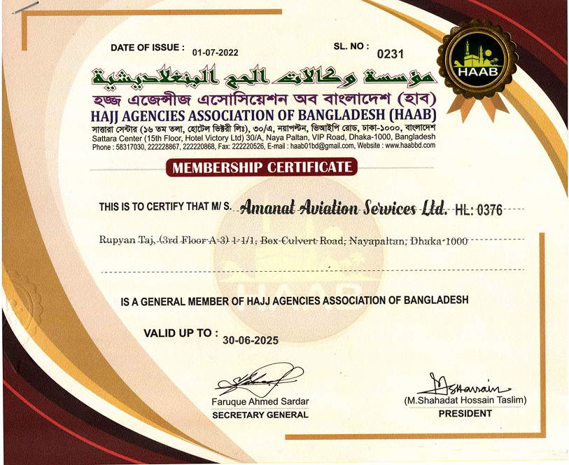 HAAB membership certificate for Amanat Aviation Services Ltd.