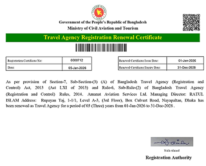 Travel Agency Registration Renewal Certificate issued by the Civil Aviation Authority of Bangladesh